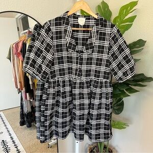 ✨ Harper Heritage Black & White Plaid Babydoll Dress M | Puff Sleeve Mini Dress